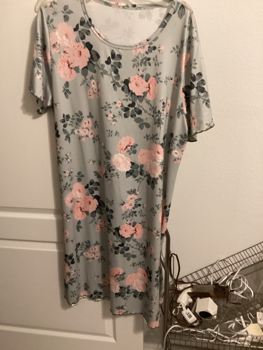 Women's Grey Floral Shift Dress with Pink Roses